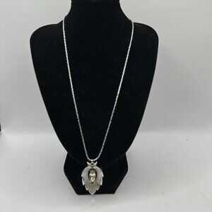 Vintage Sarah Coventry Leaf Pendant Necklace Crystal Accent Silver Tone Chain